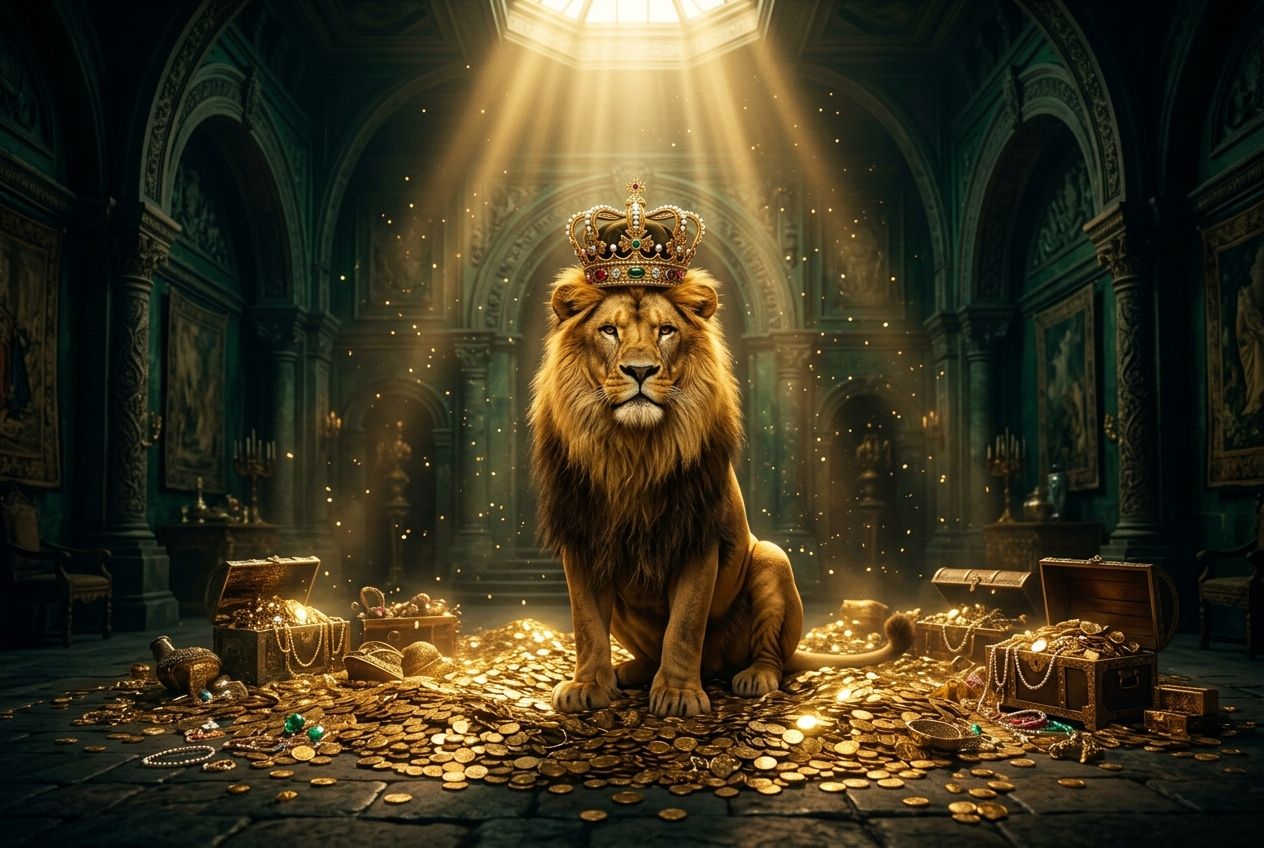 Golden Raja crowned lion on a treasure throne
